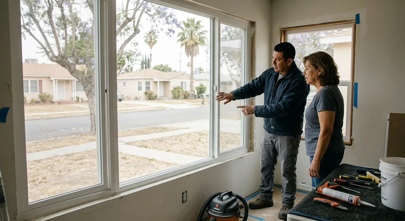 Technician measuring a double hung window opening in a Downey home