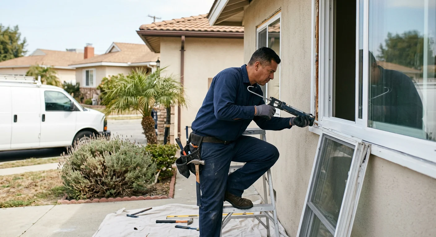 Technician measuring a double hung window opening during a Downey home estimate