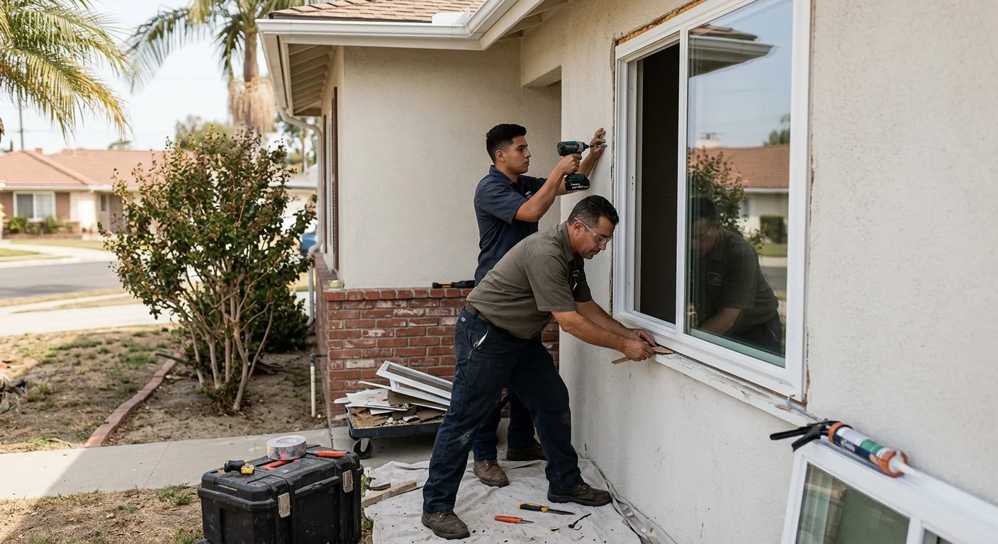 Installer setting a new double hung window into a prepared frame opening