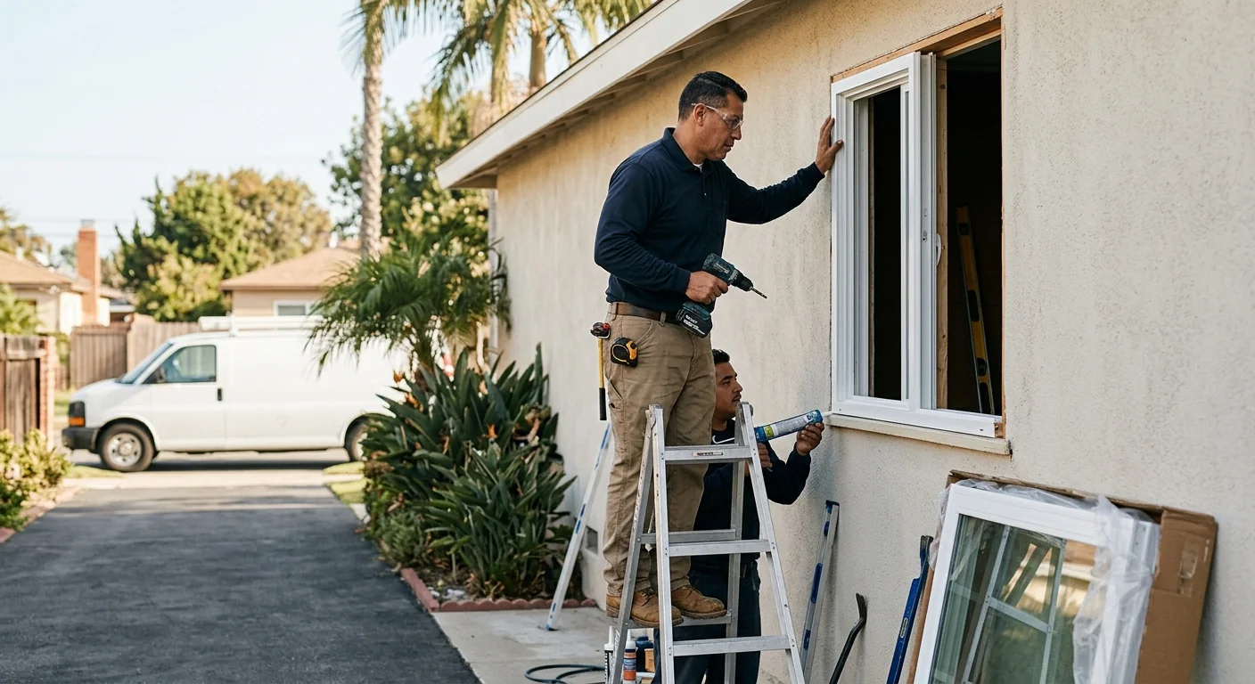 Installer measuring a basement egress window opening in a Downey home