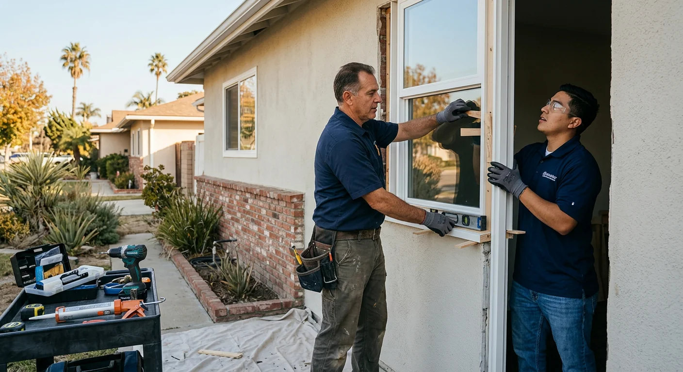 Technician measuring a basement egress window opening in a Downey home