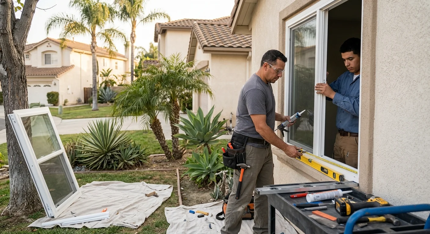 Technician measuring energy efficient window opening in a Downey home