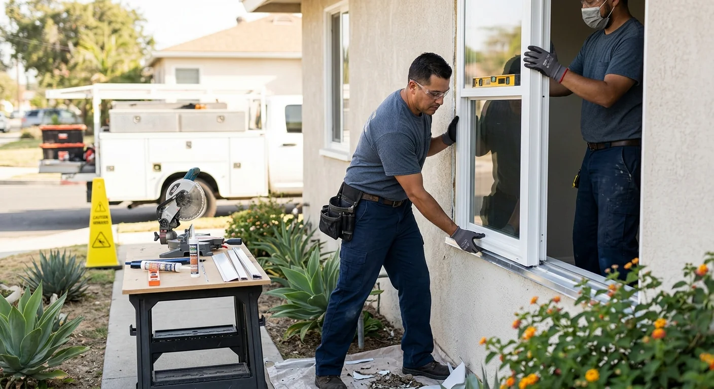 Technician measuring a window frame during energy efficient replacement in Downey
