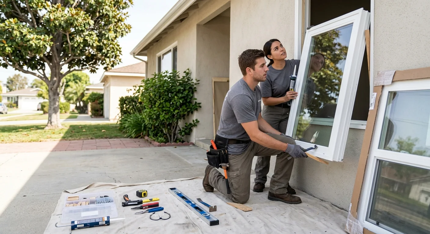 Installer fitting a dual-pane low-E window into a Downey home opening