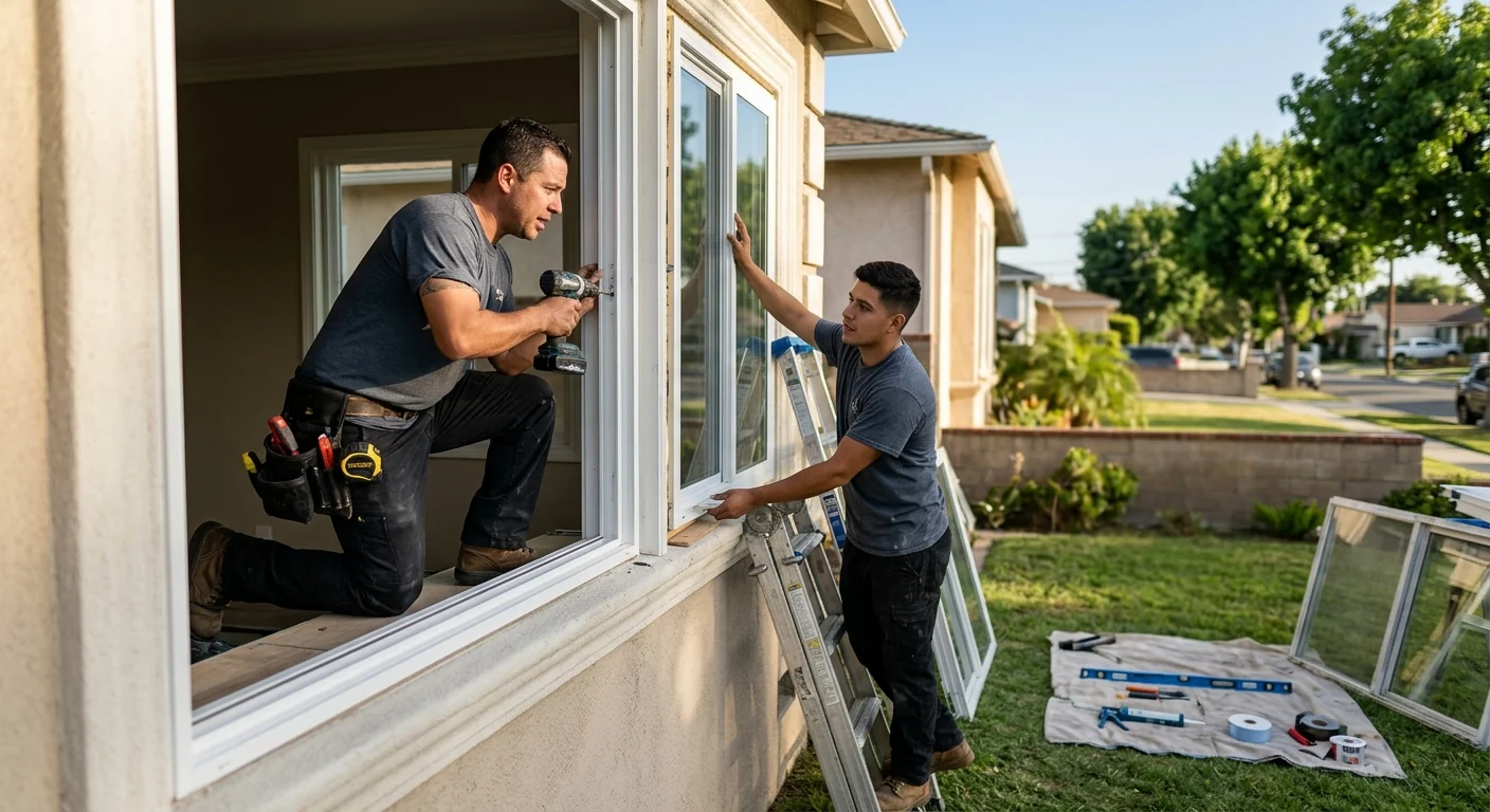Foggy failed dual-pane window showing broken seal in a Downey home