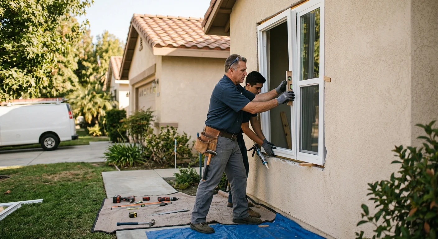 Technician measuring a sliding glass door opening in a Downey home