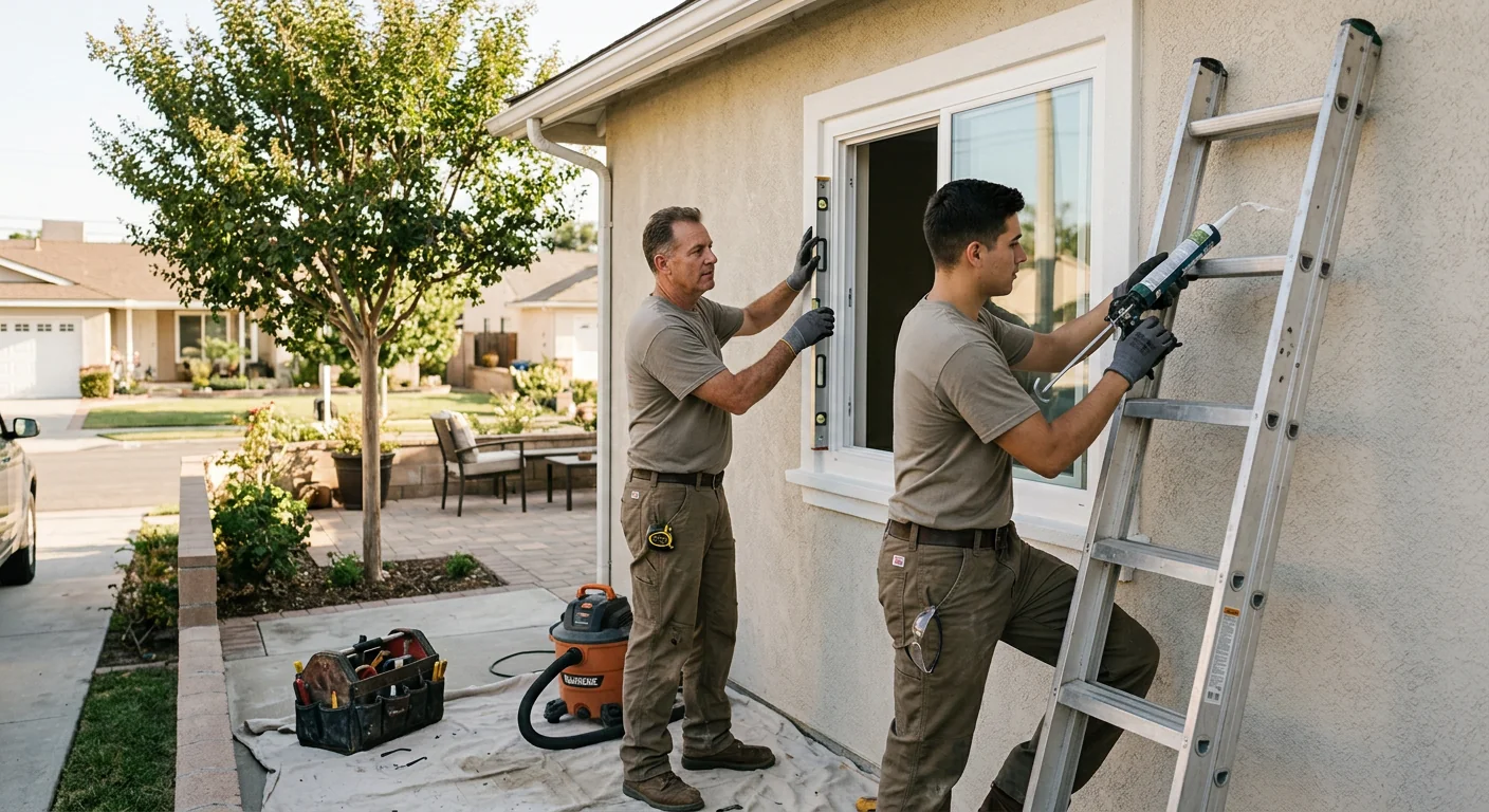 Technician measuring a sliding glass door frame during a Downey home visit