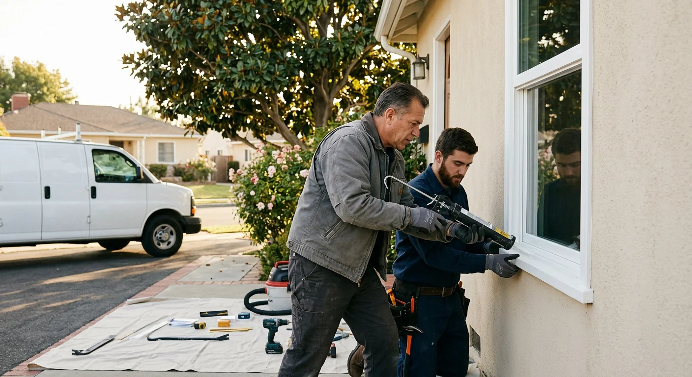 Technician setting a new sliding glass patio door on a leveled track in Downey