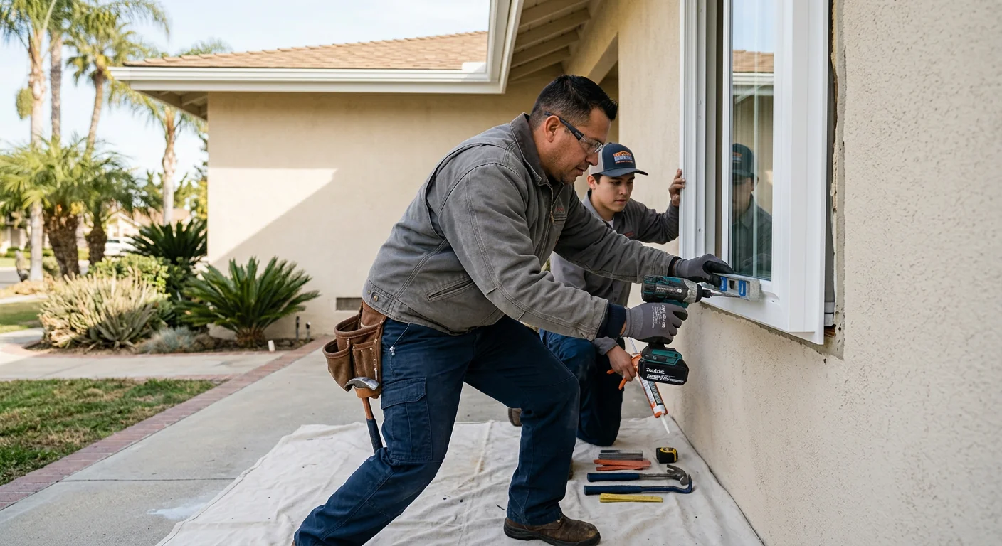 Technician measuring window glass opening for accurate replacement pricing in Downey