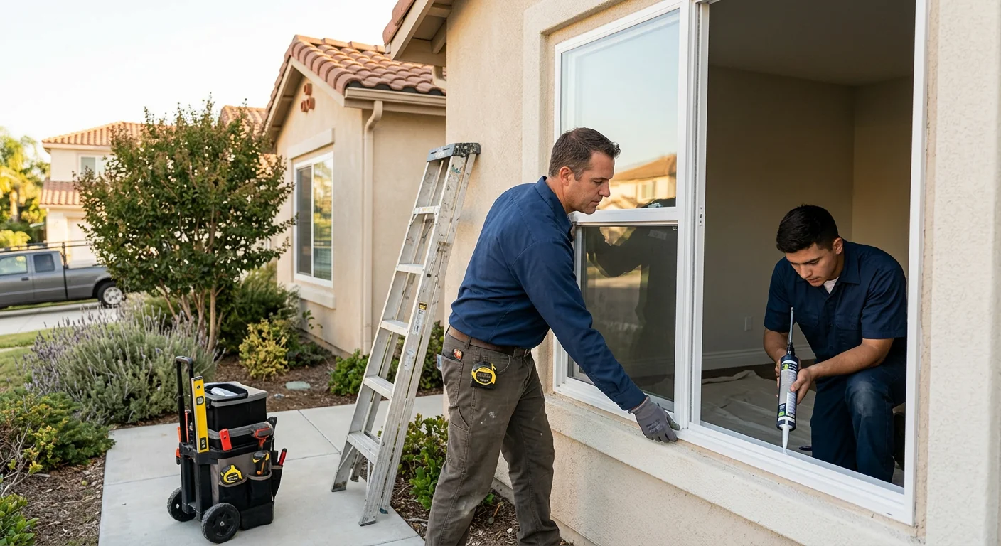Technician measuring window glass for a precise replacement in Downey home