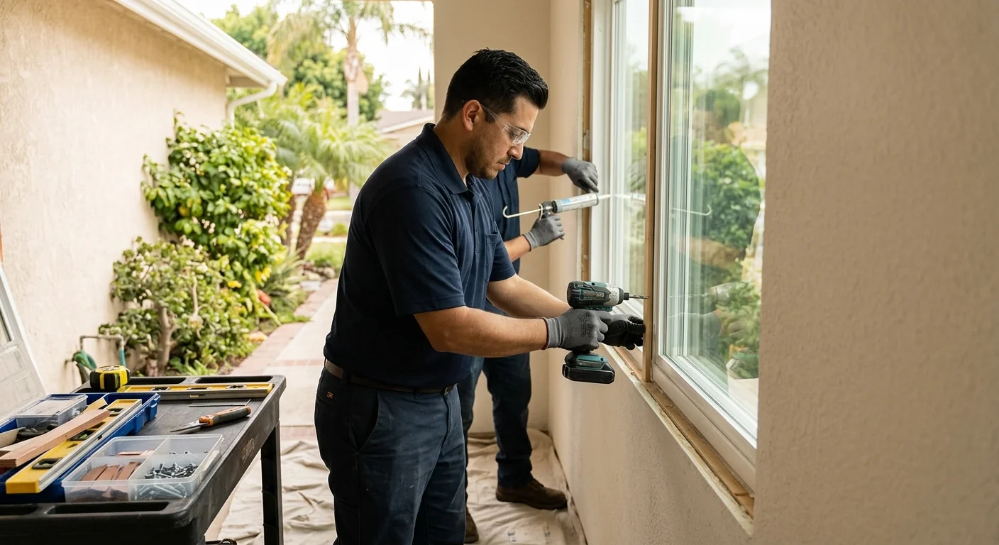 Technician setting a new insulated glass pane into a residential window frame in Downey