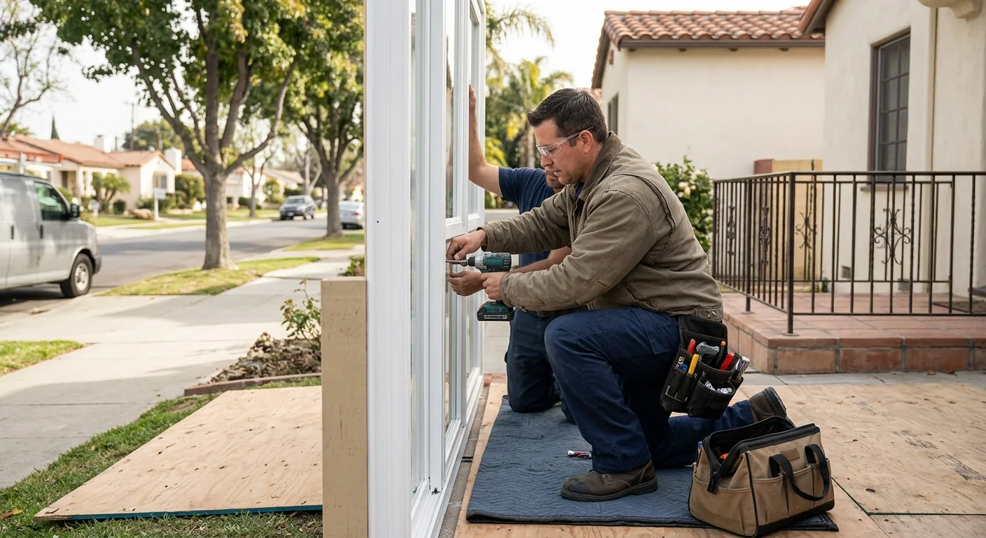 Technician measuring a damaged window frame during repair inspection in Downey