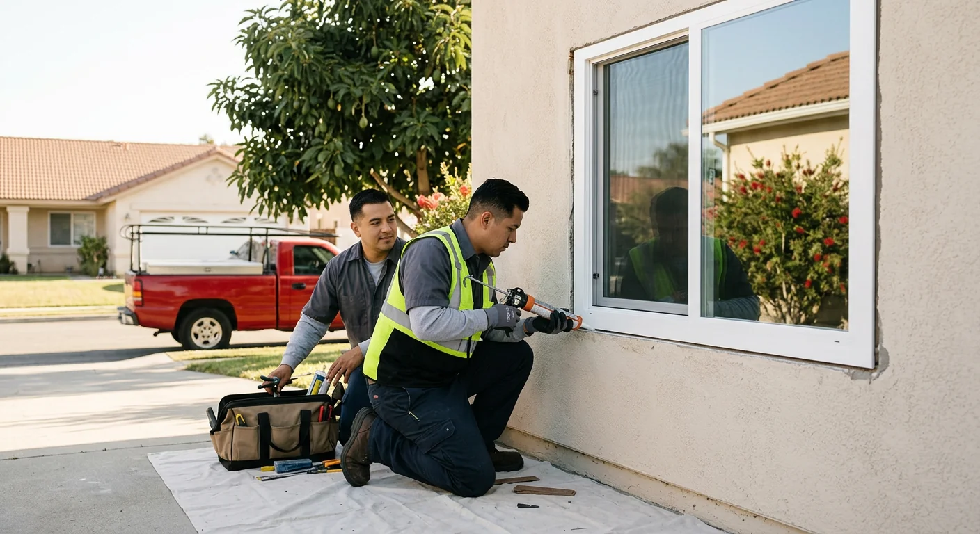 Technician inspecting a window frame before repair work in Downey