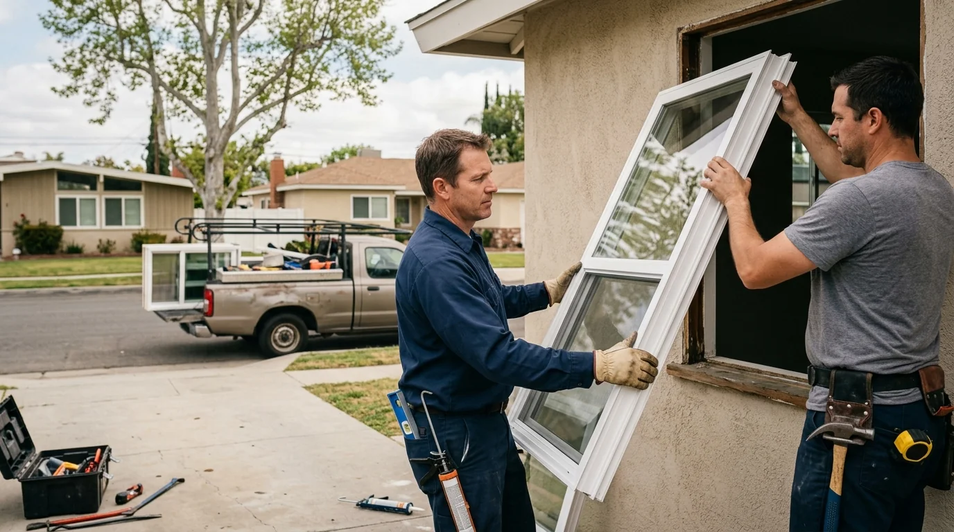 Technician sealing a replacement window unit against the exterior wall opening