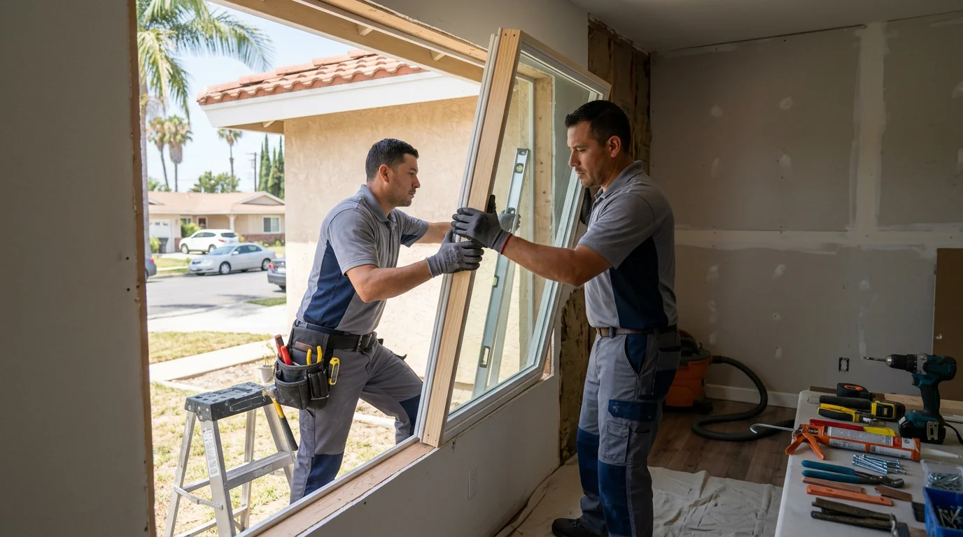 Installer checking a new window frame for square in a Downey home