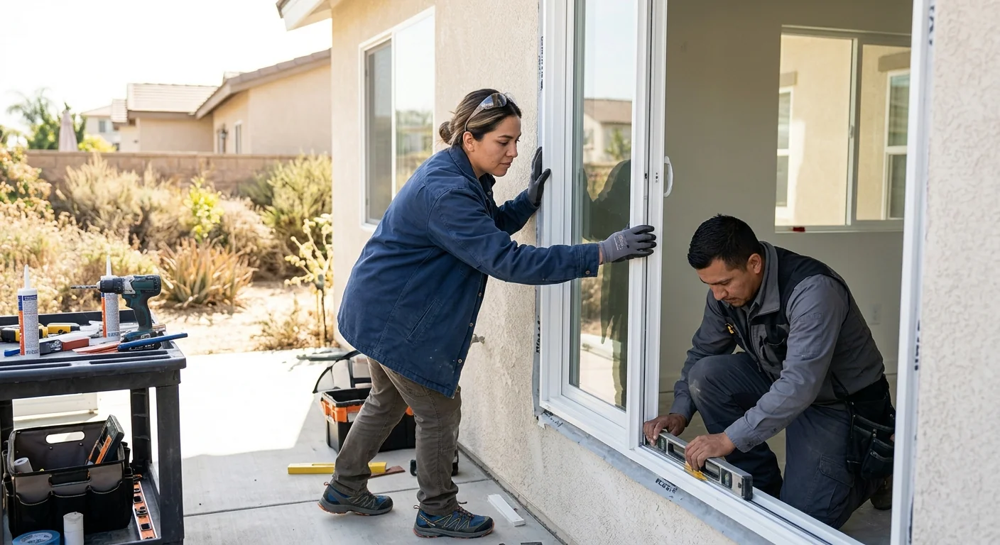 Installer reviewing a finished window opening with a Downey homeowner during walkthrough
