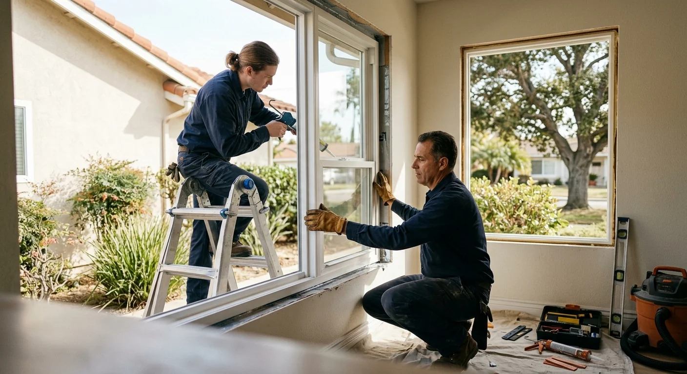 Installer measuring a window opening while preparing a cost estimate in Downey