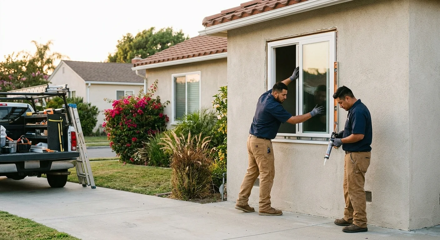 Specialist measuring a window opening during a home estimate visit in Downey