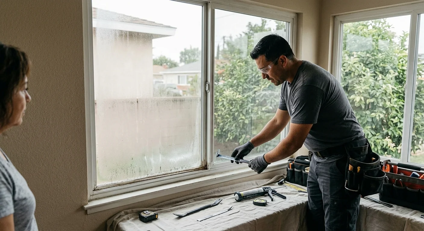 Foggy double-pane window with failed seal in a Downey home