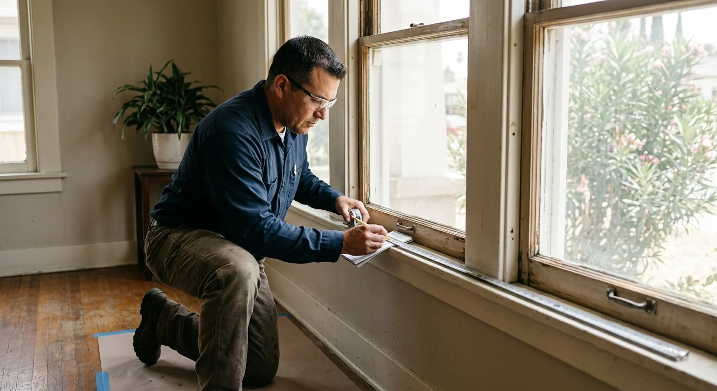 Technician measuring an old window frame during a careful inspection