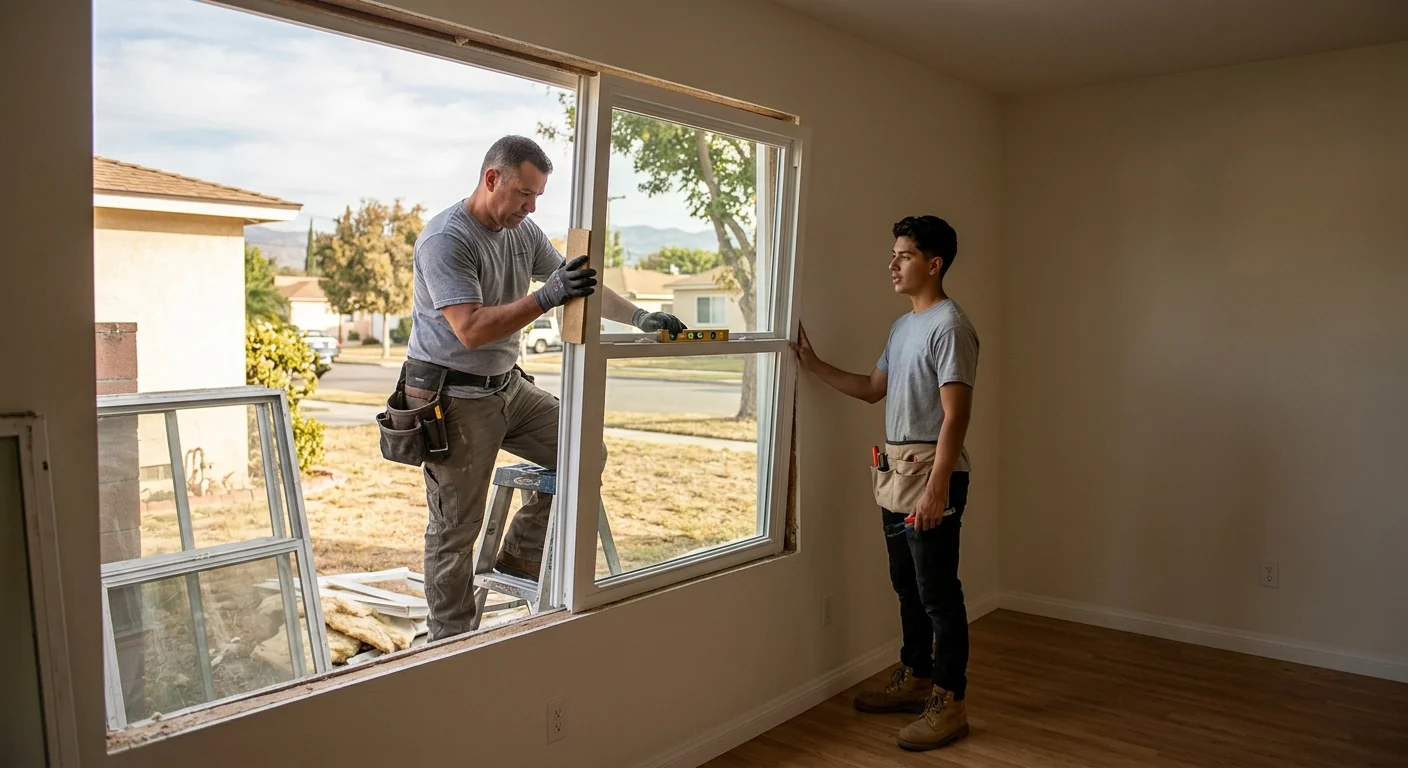 Installers organizing measuring tools and window units before a replacement job in Downey